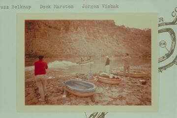 Tex and his "Major Powell" leaves the Yak party on the beach at Mile 212 1/2 left bank.  Buzz Belknap, Dock Marston, Jorgen Visbak