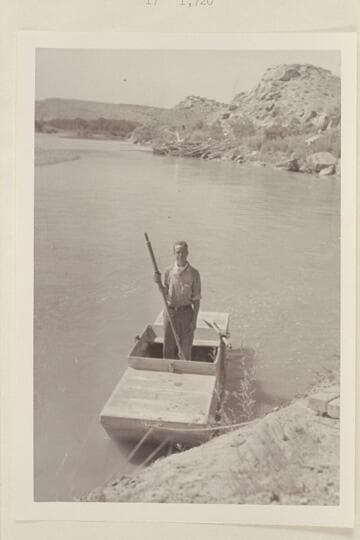 Harold H. Leich in his punt "Dirty Devil."  At Cisco Pump House on the Colorado River