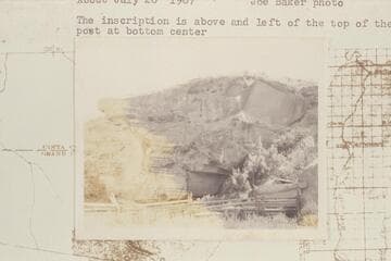 Robidoux inscription on the Book Cliffs at Westwater Creek. The inscription is above and left of the top of the fence post at bottom center
