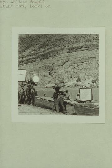 Major Powell knocks out his brother, Walter Powell. Action in "The Colorado River Story." Filmed by Disney near Moab. John Beal plays Major Powell. Jim Drury plays Walter Powell. Dave Sharp, stunt man, looks on