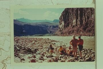 Photographers waiting at Unkar Rapid.  Bill Austin; Jim Bechtel; Guy Mannering; Phil Smith