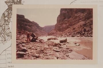 Down to head of Rapid No. 18. Bill Belknap prepares lunch at left. Compare Reilly air photo of 9 5 60 showing Up Cataract Canyon from Mile 203.2 to 205.5