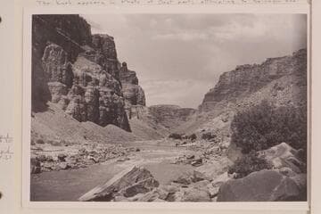 Upstream at Rapid #21 in Cataract Canyon. Upstream view must be from left bank. The fan at left is at the mouth of Teapot Canyon, Mile 202.75