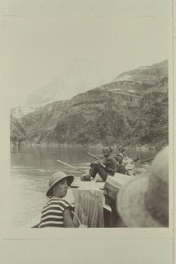 Boats of 1948 Nevills party being towed on head of Lake Mead.  Rosalind Johnson; Moulty Fulmer; Wayne Hiser; Howard Welty; Garth Marston