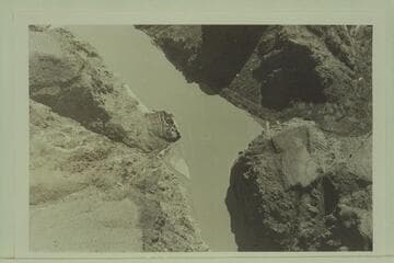 Mouth of Spencer Canyon. Lower center is the lava block which gave the name to the former rapid- Bold Escarpment Rapid and Lava Cliff Rapid