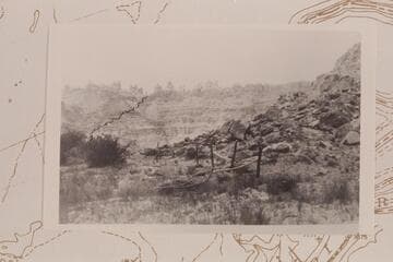 The Sentinels.  Top of Spanish Trail.  Spanish Bottom as seen from river level at entrance to Cataract Canyon.  The Spanish Trail is marked in black ink