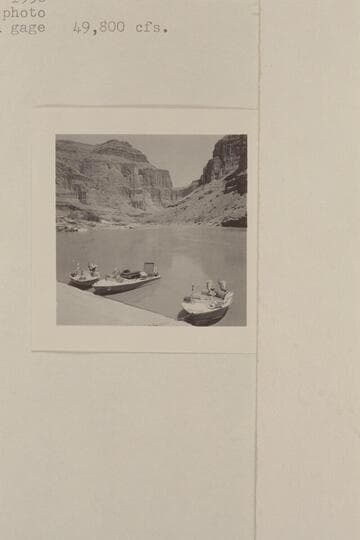 Fleet moored at left bank at Mile 123. Repairs are being made to the two engines of the "Bootoo." Preliminary Bright Angel gauge: 49,800 cfs