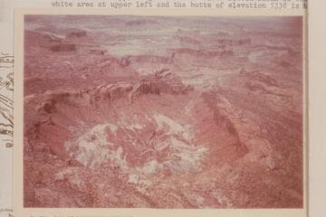 Upheaval Dome.  Fort Bottom is upper right; Potato or Tater Bottom Basin is the white area at upper left and the butte of elevation 5338 is to the left of it