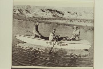 The crew of the ?Wen? at Pierces Ferry after the 1947 traverse of Grand Canyon.  Al Milotte; Norm Nevills; Randall Henderson