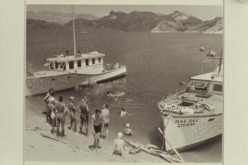 The Park boat and the "Hae Dae" stopped at Sandy Point on Lake Mead during lunch after end of Nevills party run of the Grand Canyon in 1948
