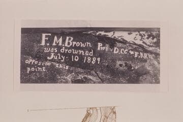 Brown Inscription at Mile 12 in Marble Canyon left bank. Cut by Peter M. Hansbrough. Retouching by Martin Litton