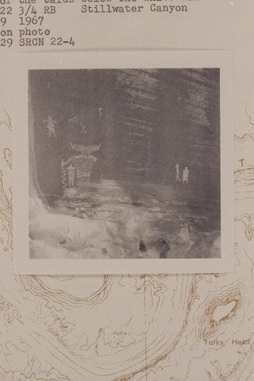 Pictographs on the up-river of two large boulders at the foot of the talus below the White Rim; Mile 22 3/4, right bank, Stillwater Canyon