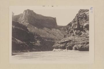 Tanner Wash at left.  Mile 14.4.  Head of Sheerwall Rapid which is submerged at the 60-65,000 cfs. which was the approximate stage when this 35mm photo was made