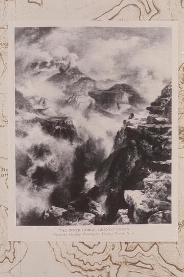 Up Grand Canyon from area of Plateau Point.  B&W copy of color reproduction of painting by Thomas Moran