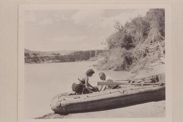 Georgie White and Elgin Pierce before start of Grand Canyon traverse in July 1952. Foot of Paria Riffle