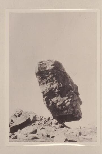Balance [sic] rock one-half mile north of mouth of Nokai Creek.  Rock (DeChelly sandstone) 30 ft. long, 25 ft. high, 15 ft. wide, on base of shale (Moenkopi) 5 ft. high, 8 ft. long and 4 ft. wide.  Looking southwest at end of rock
