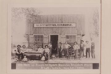Bluff City Oil Exchange.  Oil men at Frank H. Hyde's Navajo blanket store.  Bluff City, Utah