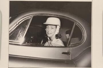Evie Mull (Mrs. John Barnes Mull). "The helmeted Juno is in real life Evie having pre-race jitters at the start at Thompson, Connecticut, last summer." (letter of John Mull, 1954, Mar. 23)