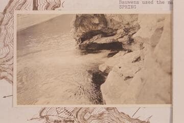 The Blue Spring of the Little Colorado River. Exploration trip. Stalactites above water. Bauwens used the name "Baum Spring."