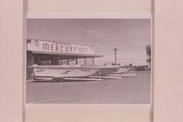The 26-ft. outboard craft built by Anchor Boat in Salt Lake City which attempted a run up the Grand Canyon in 1960, June. They were unable to top Vulcan Rapid. "Rapid Eater." "Ben Hurt." "Ugh!"