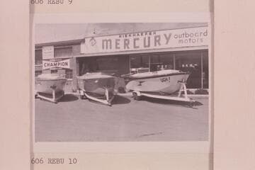The 26-ft. outboard craft built by Anchor Boat in Salt Lake City which attempted a run up the Grand Canyon in 1960, June. They were unable to top Vulcan Rapid. "Rapid Eater." "Ben Hurt." "Ugh!"