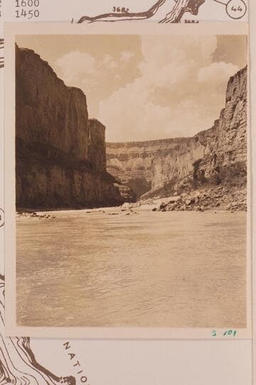 Up Marble Canyon from Mile 49.  Eddy caption:  "Upstream 1 1/2 mile below Triple Alcoves"