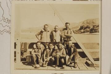 The crew which made the low-water transit from Lees Ferry to the trestle above Hoover Dam, then under construction.  Upper:  Frazier, Eddy and Swain;  lower:  Alt Hatch, Mowrey, Bus Hatch and Fahrni