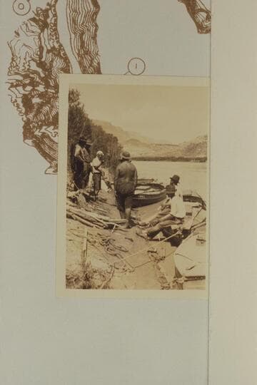 Preparations for the USGS 1923 cruise of Grand Canyon. Print from Freeman collection. Freeman walks from camera at center. Kolb has the handkerchief tied on his head. Photo probably by Roger Birdseye