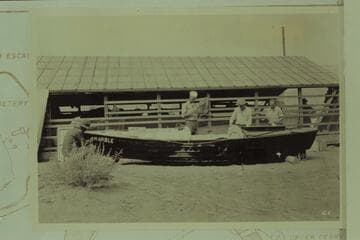 Work on the "Marble" to get her into condition for the transit of the Grand Canyon. Boathouse at Lees Ferry, left bank