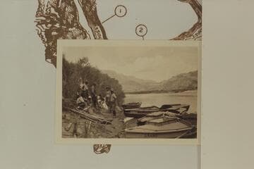 Boats and crew of the USGS cruise of Grand Canyon. Freeman is the bulky man second from right. Photo probably by Roger Birdseye; print from Freeman collection