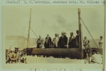 Speakers stand at Bridge dedication.  From Freeman collection