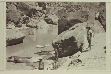 San Juan River trip of 1938. Two of the 15 foot folding boats and one 10 foot boat. L to R: ___, Kent Frost, Jackie Frost and Elzada Clover