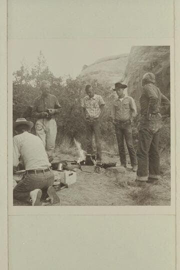 Breakfast at camp at head of middle fork of 73.6. Daly; Eisaman; Turner; Ordiway; Masland