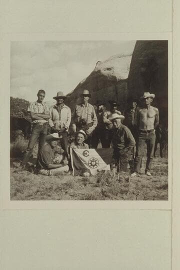 Group at camp at head of middle fork of 73.6. Belknap used Marston camera. Turner; Whitehat; Morss; Ordiway; Lehi; Tobe Owl; Daly; Eisaman; Marston; Masland