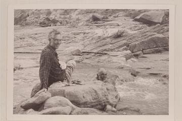 Ballard Atherton at left; Masland in the creek.  At camp on Navajo Creek at side canyon where Pothole Bridge is located