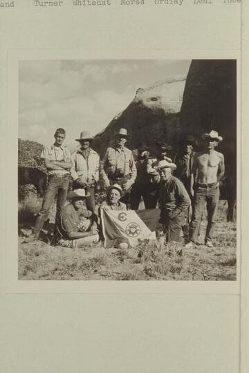 Group at camp at head of 73.6. Seated: Eisman; Marston; Masland. Standing: Turner; Whitehat; Morss; Ordiway; Lehi; Tobe Owl; Daly. Belknap used Marston camera
