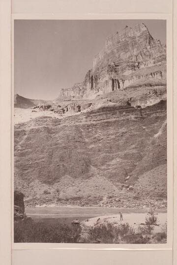 The motorboat "Hudson" and the helicopter at the mouth of Tapeats Creek in Grand Canyon.  Joe Desloge stands on the beach
