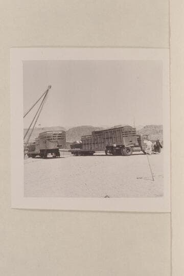 Trucks with Disney boats aboard Boulder City landing