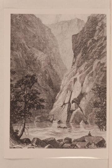 Canon of Lodore (illustration). The scene is a gilded version of Lodore looking downstream from the foot of Triplet Falls