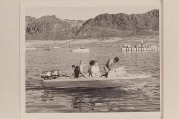 Trial run of "Rattlesnake" on Lake Mead.  Fran Belknap and Margaret Marston sit amidships