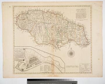 New Map of Jamaica In which the Several Towns Forts & Settlements are Accurately laid down, as well as the situations & depths of the most noted Harbours and Anchoring Places, with the limits and boundaries of the different Parishes, as they have been regulated by Law, or settled by Custom, the greatest part Drawn or Corrected from actual Surveys Made by Mr. Sheffield and others