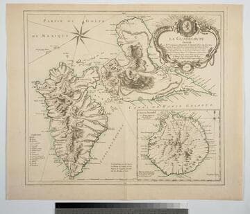 La Guadeloupe Dediée a Mr. Charles Philippe d'Albert Duc de Luynes, Pair de France Chevalier Commander des Ordres du Roy, Seigneur Usufruitier,du Duché de Chevreuse, des Comtés de Montfort, Prevoté, et Seigneurie d'Houdan y réunis, Marquis de Dangeau Baron de St. Hermine et autres Lieux. Par son trés humble et trés Obeissant Serviteur Le Rouge Ingr. Géographe du Roy