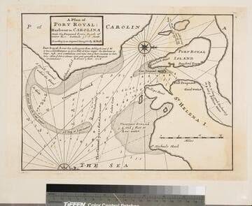 Plan of Port Royal Harbor in Carolina with the Proposed Forts, Depth of Water, &c. Latitude 32D-6 North. According to an Original Draught by H. Moll