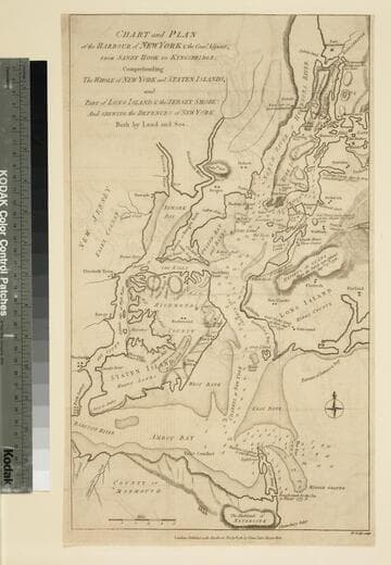 Chart and Plan of the Harbour of New York & the Couny. Adjacent, from Sandy Hook to Kingsbridge, Comprehending the Whole of New York and Staten Islands, and Part of Long Island & the Jersey Shore: And shewing the Defences of New York Both by Land and Sea