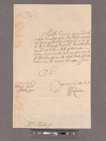Lowndes, William. Letter to William Blathwayt