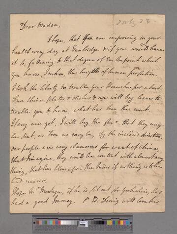 Robinson-Morris, Matthew, 2nd Baron Rokeby. Letter to Elizabeth (Robinson) Montagu