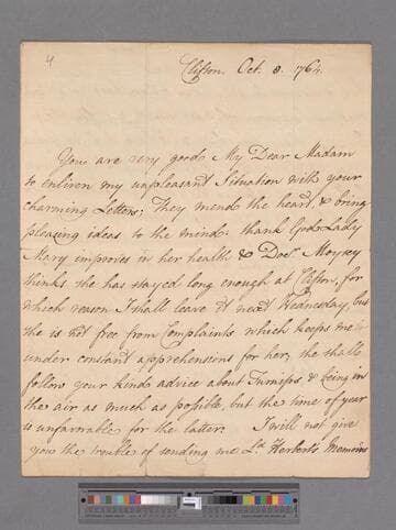 Somerset, Elizabeth (Berkeley), Duchess of Beaufort and suo jure Baroness Botetourt. Letter to Elizabeth (Robinson) Montagu