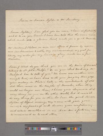 Montagu, Elizabeth (Robinson). [A dialogue between] Simon or Simeon Stylites & Mr. Secretary