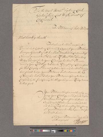 Bridger, John. To ... [Sidney] ... 1st Earl of Godolphin : Petition [that his commission as Surveyor General of H.M. Woods on the continent of America be drawn up at once]