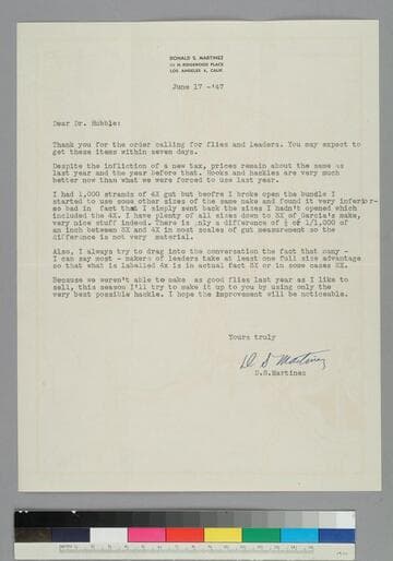 Donald Martinez writes to EPH regarding his order for line and flies